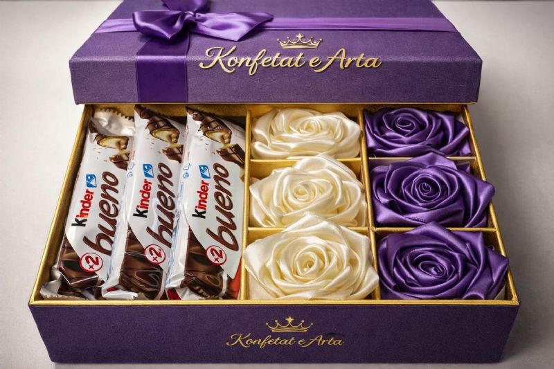 Dhurate Elegante Kuti Lejla me Lule të Personalizuara dhe Çokollata Bueno nga KONFETAT E ARTA, surprize e veçante ceremoniale, artikuj martese me elegance, dhurate me prezantim prestigjioz, konfeta me detaje floriri, konfeta boutique